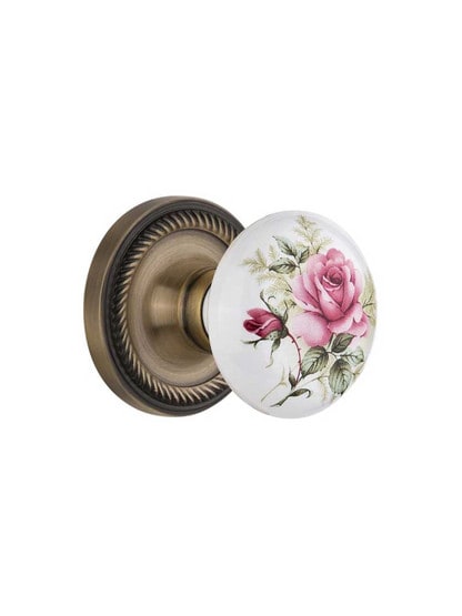 Rope Rose with Rose Porcelain Knob in Antique Brass with .